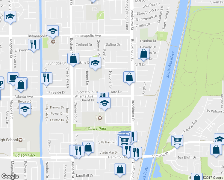 map of restaurants, bars, coffee shops, grocery stores, and more near 9821 Kite Drive in Huntington Beach