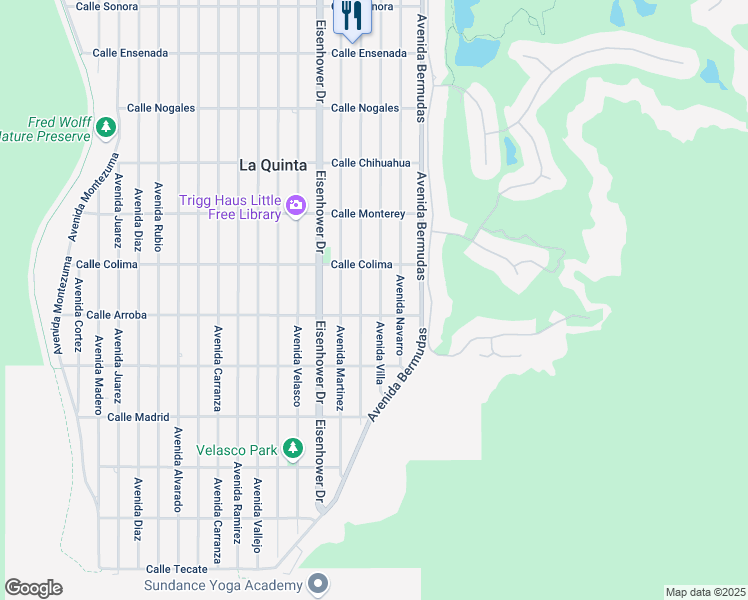 map of restaurants, bars, coffee shops, grocery stores, and more near 53671 Avenue Villa in La Quinta