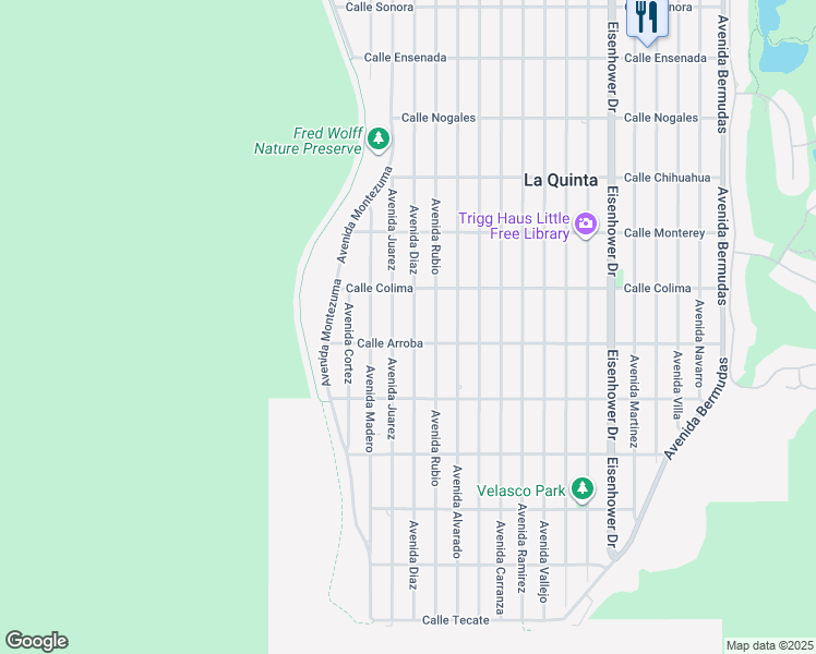 map of restaurants, bars, coffee shops, grocery stores, and more near 53705 Avenida Diaz in La Quinta