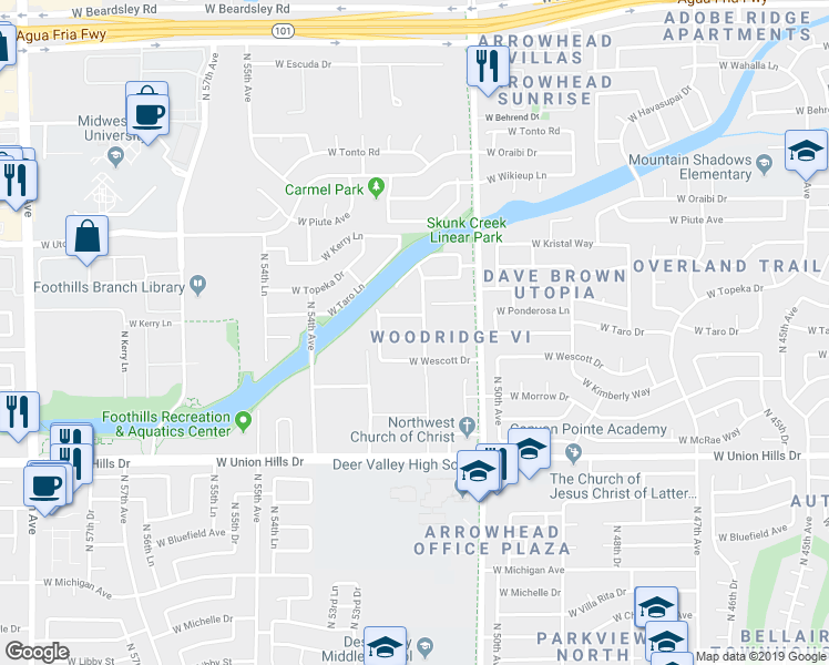 map of restaurants, bars, coffee shops, grocery stores, and more near 5214 West Taro Lane in Glendale