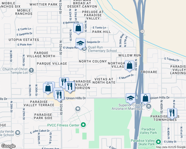 map of restaurants, bars, coffee shops, grocery stores, and more near 18829 North 34th Place in Phoenix