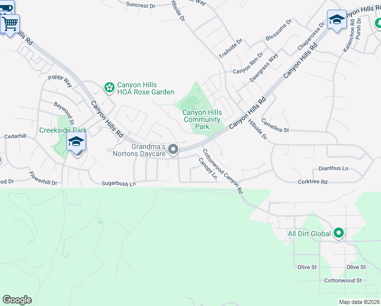 map of restaurants, bars, coffee shops, grocery stores, and more near 33076 Canopy Lane in Lake Elsinore