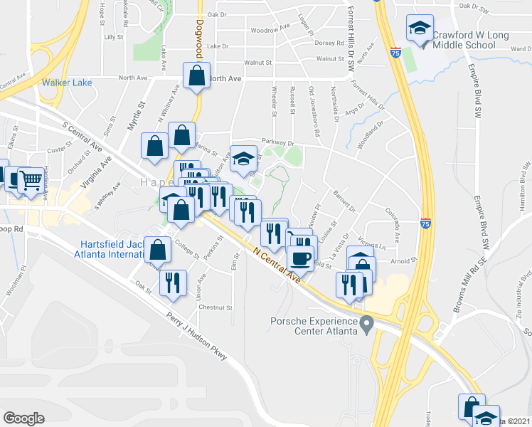 map of restaurants, bars, coffee shops, grocery stores, and more near 525 King Arnold Street in Hapeville