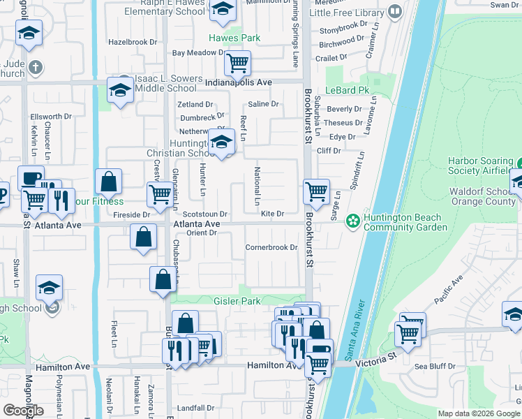 map of restaurants, bars, coffee shops, grocery stores, and more near 9821 Kite Drive in Huntington Beach
