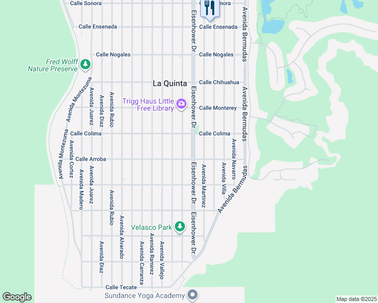 map of restaurants, bars, coffee shops, grocery stores, and more near 53685 Eisenhower Drive in La Quinta