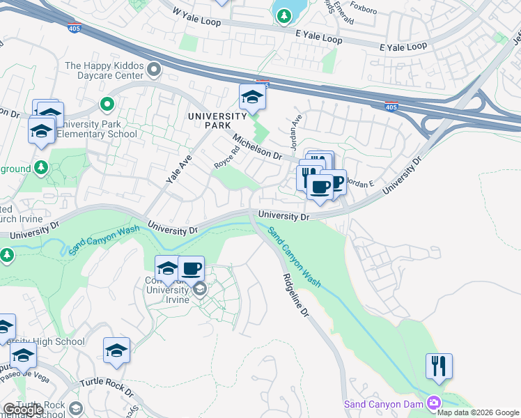 map of restaurants, bars, coffee shops, grocery stores, and more near 5219 University Drive in Irvine