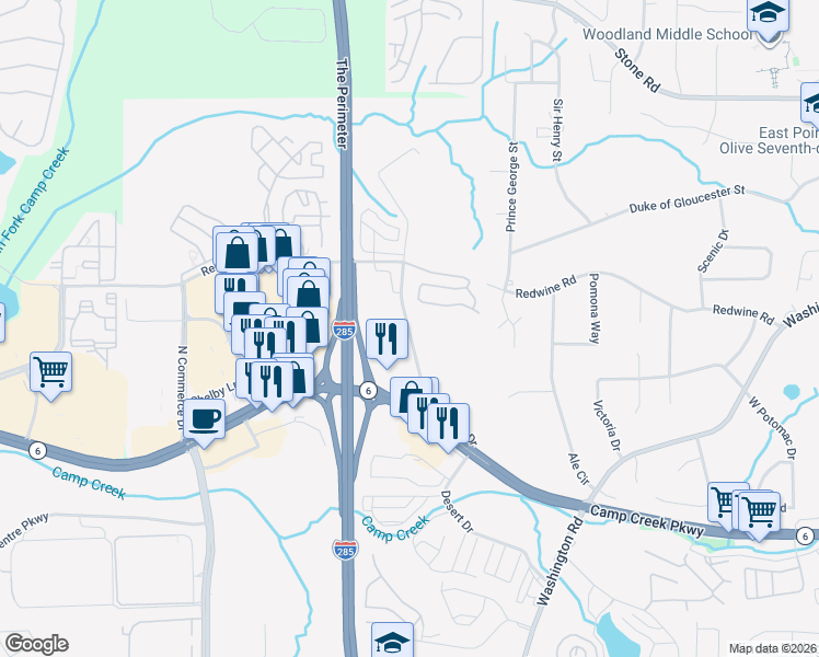 map of restaurants, bars, coffee shops, grocery stores, and more near 3485 North Desert Drive in Atlanta