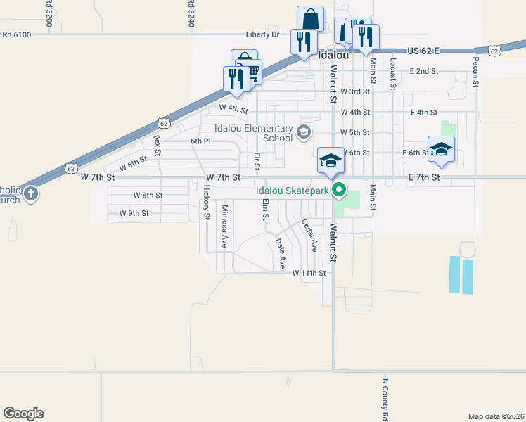 map of restaurants, bars, coffee shops, grocery stores, and more near 801-899 Dogwood Ave in Idalou
