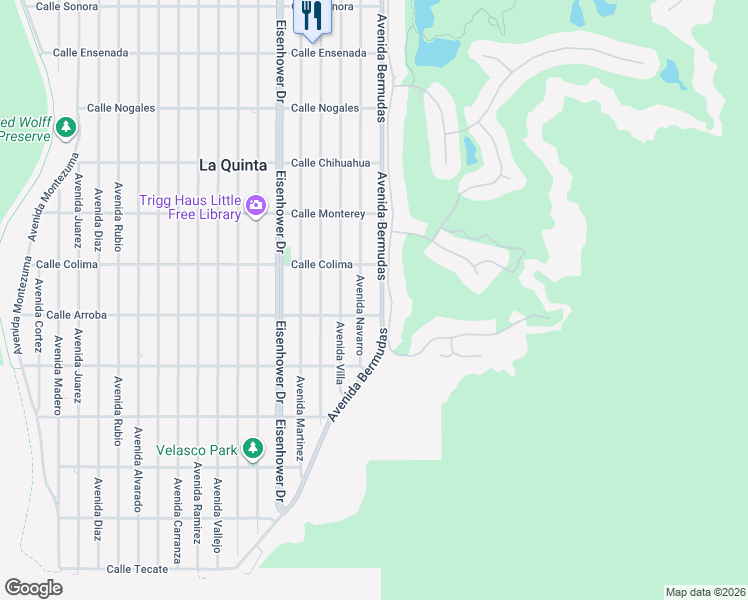 map of restaurants, bars, coffee shops, grocery stores, and more near 53665 Avenida Bermudas in La Quinta