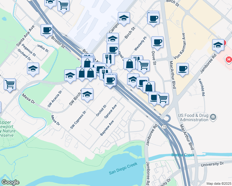 map of restaurants, bars, coffee shops, grocery stores, and more near 2301 Zenith Avenue in Newport Beach
