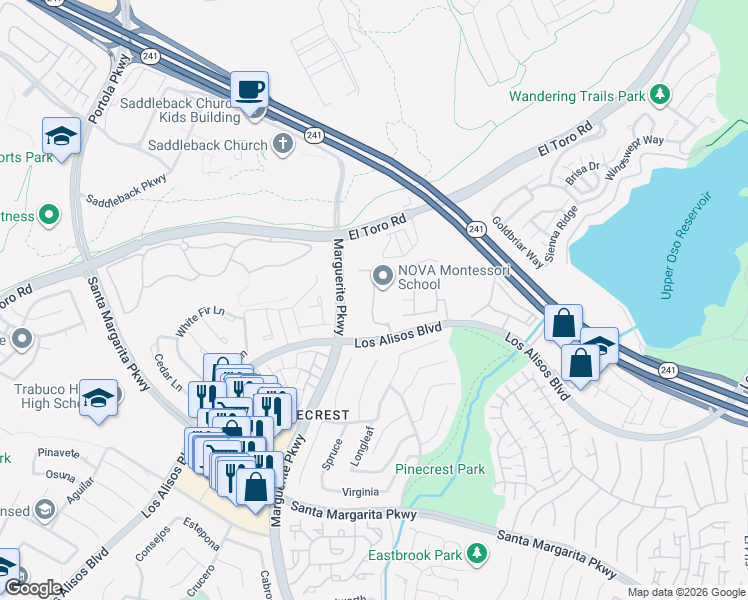 map of restaurants, bars, coffee shops, grocery stores, and more near 181 California Court in Mission Viejo
