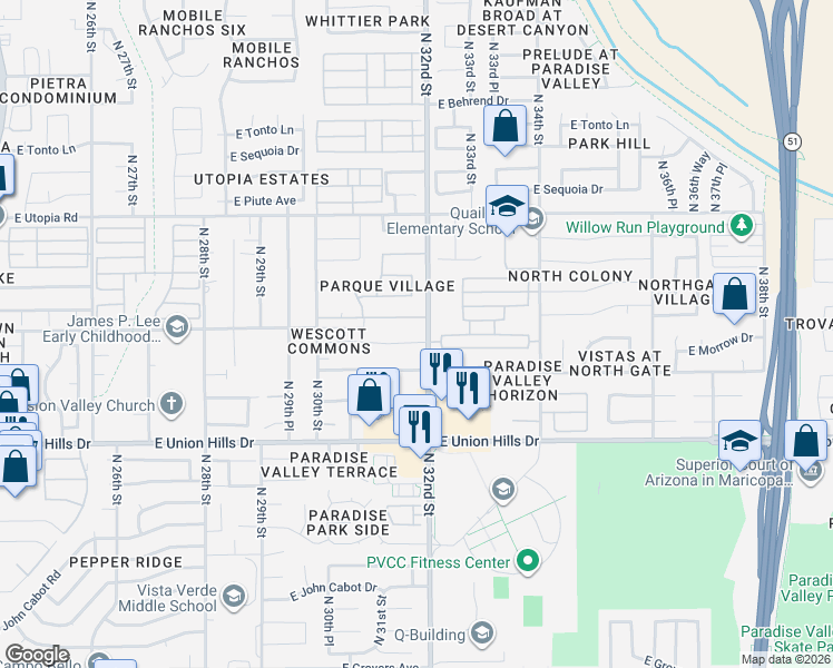 map of restaurants, bars, coffee shops, grocery stores, and more near 3144 East Wescott Drive in Phoenix