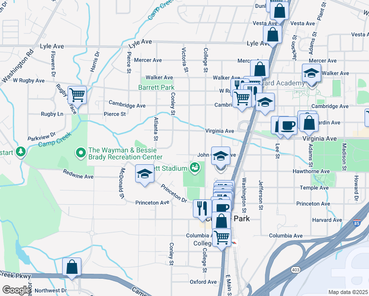 map of restaurants, bars, coffee shops, grocery stores, and more near 3547 Victoria St in College Park