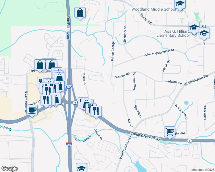 map of restaurants, bars, coffee shops, grocery stores, and more near 3161 Prince Williheme Terrace in East Point