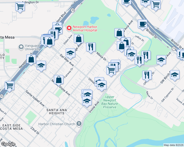 map of restaurants, bars, coffee shops, grocery stores, and more near 305 Canoe Pond in Costa Mesa