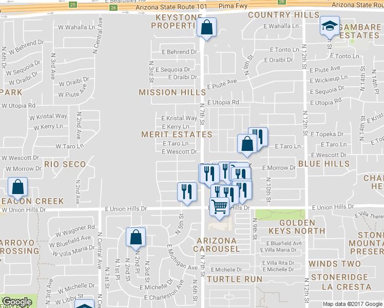 map of restaurants, bars, coffee shops, grocery stores, and more near 529 E Wescott Dr in Phoenix