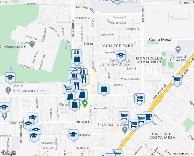 map of restaurants, bars, coffee shops, grocery stores, and more near 2315 College Drive in Costa Mesa