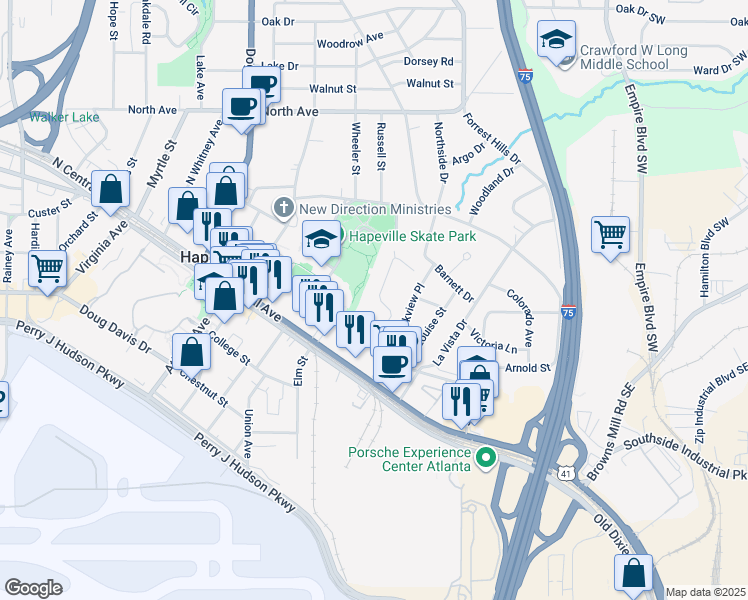 map of restaurants, bars, coffee shops, grocery stores, and more near 35 Central Park Drive in Hapeville