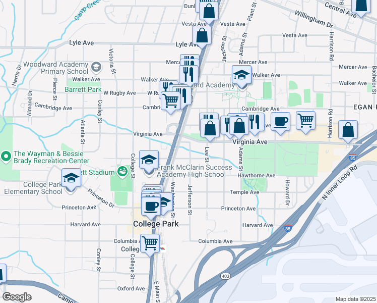 map of restaurants, bars, coffee shops, grocery stores, and more near 3548 Main Street in Atlanta