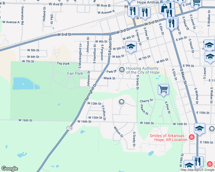 map of restaurants, bars, coffee shops, grocery stores, and more near 1001 South Fulton Street in Hope