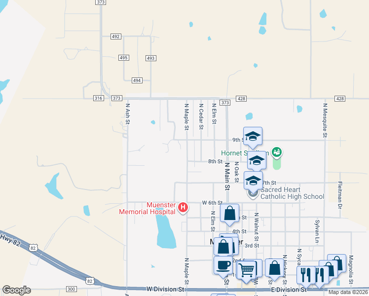 map of restaurants, bars, coffee shops, grocery stores, and more near 927 North Maple Street in Muenster