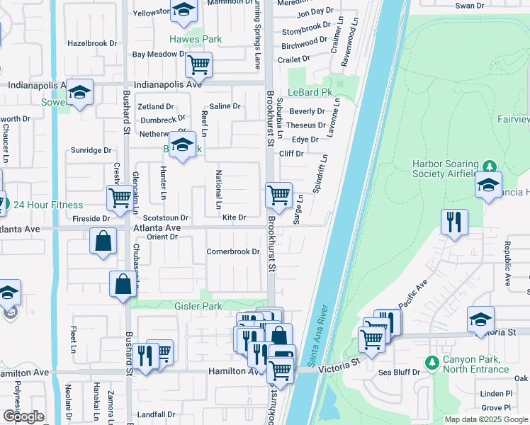 map of restaurants, bars, coffee shops, grocery stores, and more near 20922 Skimmer Lane in Huntington Beach