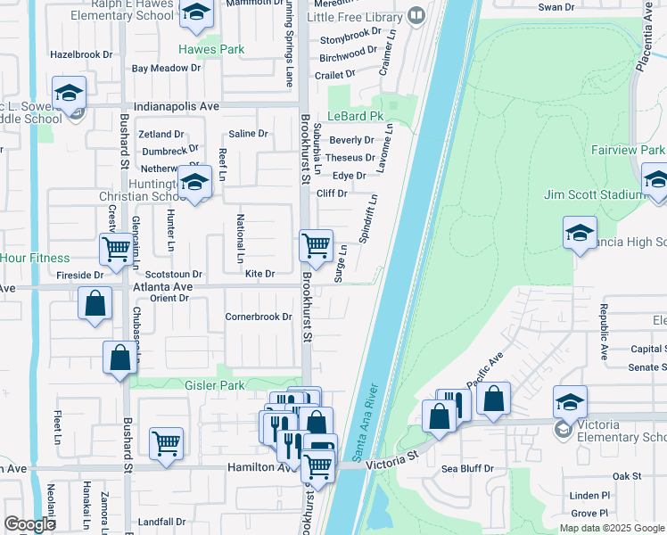 map of restaurants, bars, coffee shops, grocery stores, and more near 20921 Surge Lane in Huntington Beach