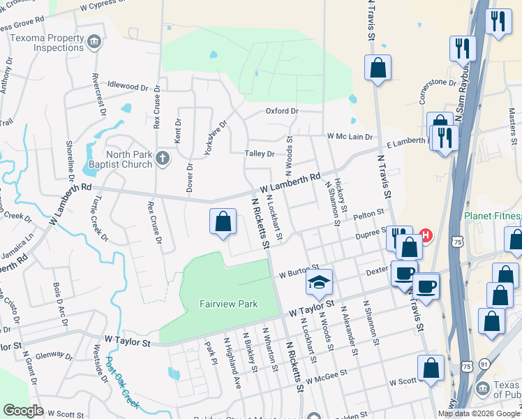 map of restaurants, bars, coffee shops, grocery stores, and more near 2409 North Ricketts Street in Sherman