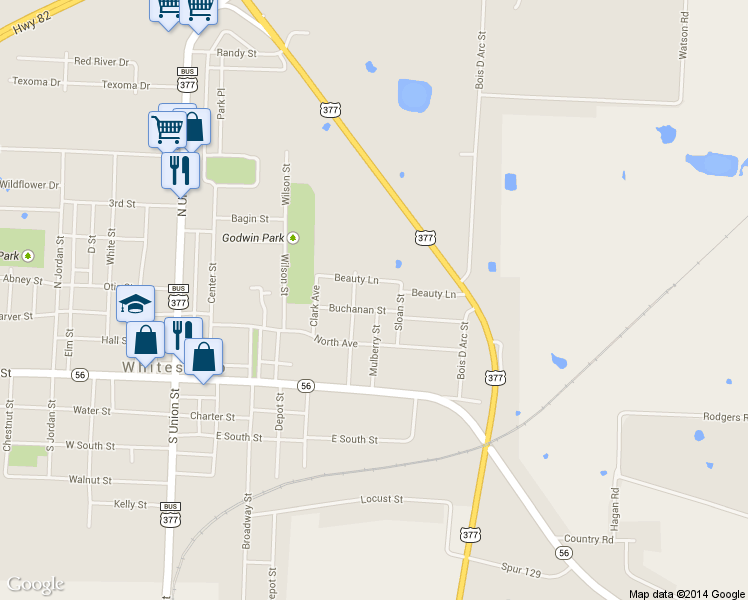 map of restaurants, bars, coffee shops, grocery stores, and more near 209 Buchanan St in Whitesboro
