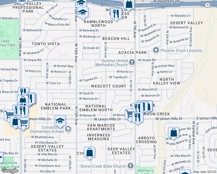map of restaurants, bars, coffee shops, grocery stores, and more near 19008 North 12th Drive in Phoenix