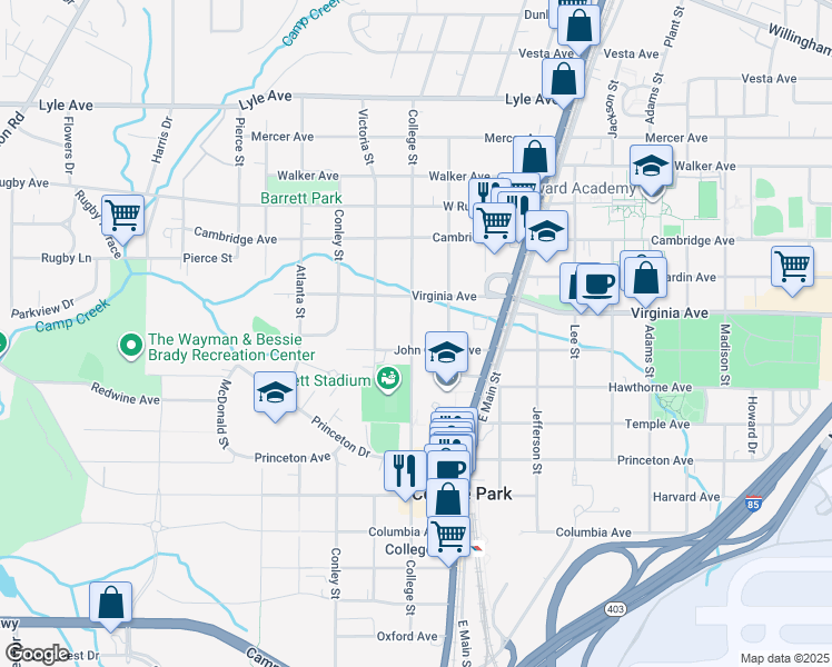 map of restaurants, bars, coffee shops, grocery stores, and more near 1905 John Calvin Avenue in College Park