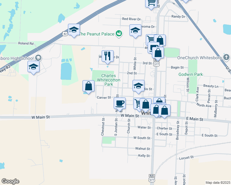 map of restaurants, bars, coffee shops, grocery stores, and more near 305 N Jordan St in Whitesboro