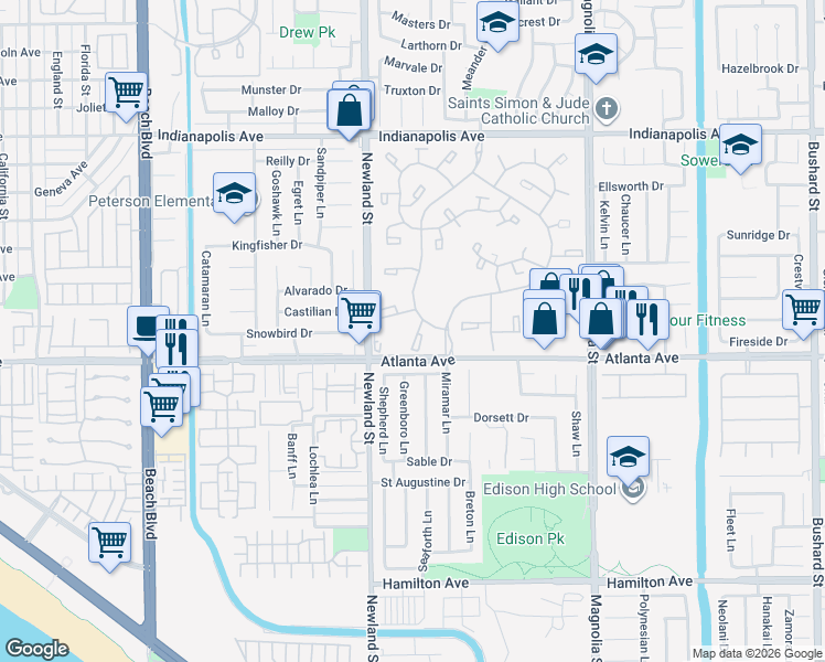 map of restaurants, bars, coffee shops, grocery stores, and more near 8633 Portola Court in Huntington Beach