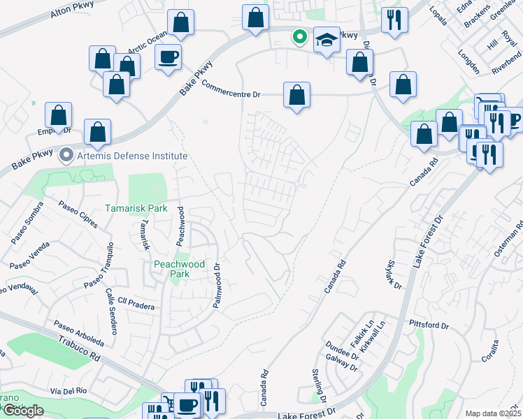 map of restaurants, bars, coffee shops, grocery stores, and more near 625 Cardona in Lake Forest