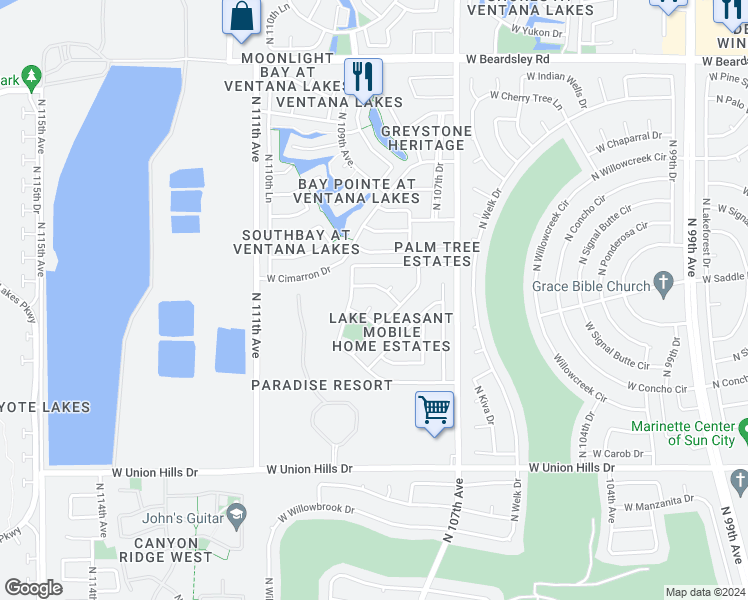 map of restaurants, bars, coffee shops, grocery stores, and more near 19219 North Joy Lane in Sun City