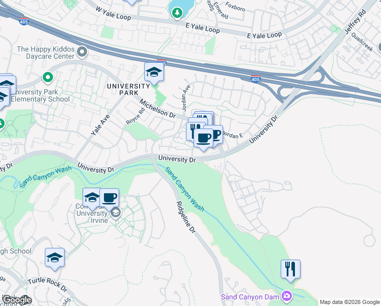 map of restaurants, bars, coffee shops, grocery stores, and more near 17624 Rosa Drew Lane in Irvine