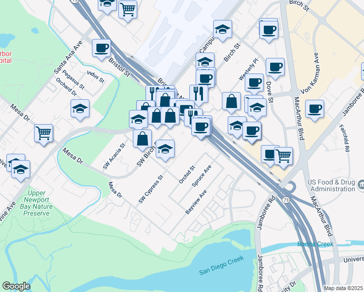 map of restaurants, bars, coffee shops, grocery stores, and more near 20101 Southwest Cypress Street in Newport Beach