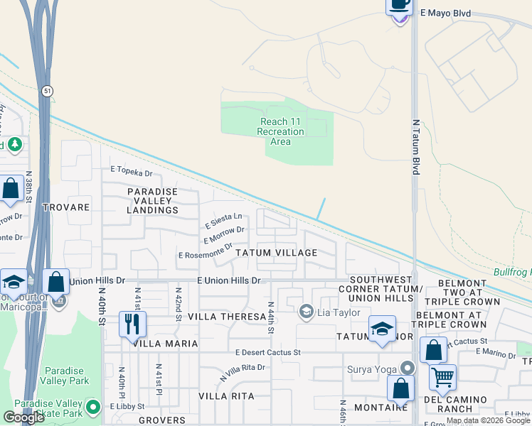 map of restaurants, bars, coffee shops, grocery stores, and more near 18841 North 43rd Place in Phoenix