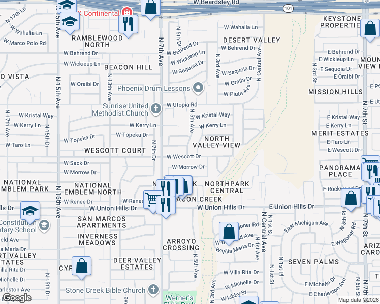 map of restaurants, bars, coffee shops, grocery stores, and more near 402 West Wescott Drive in Phoenix