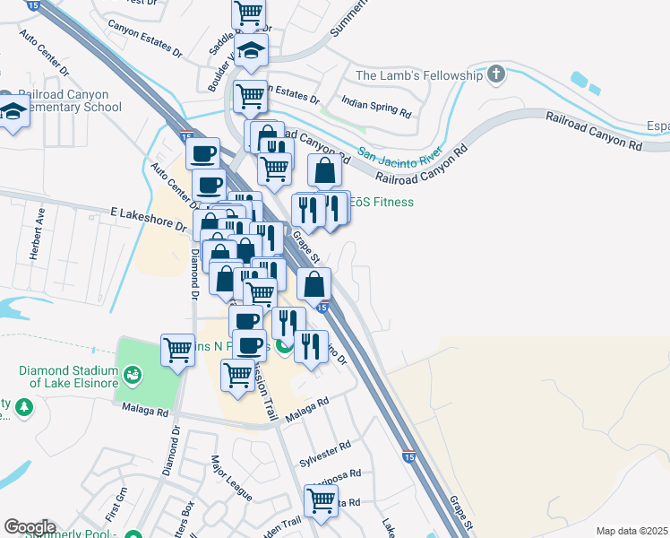map of restaurants, bars, coffee shops, grocery stores, and more near 15325 Oak Tree Drive in Lake Elsinore