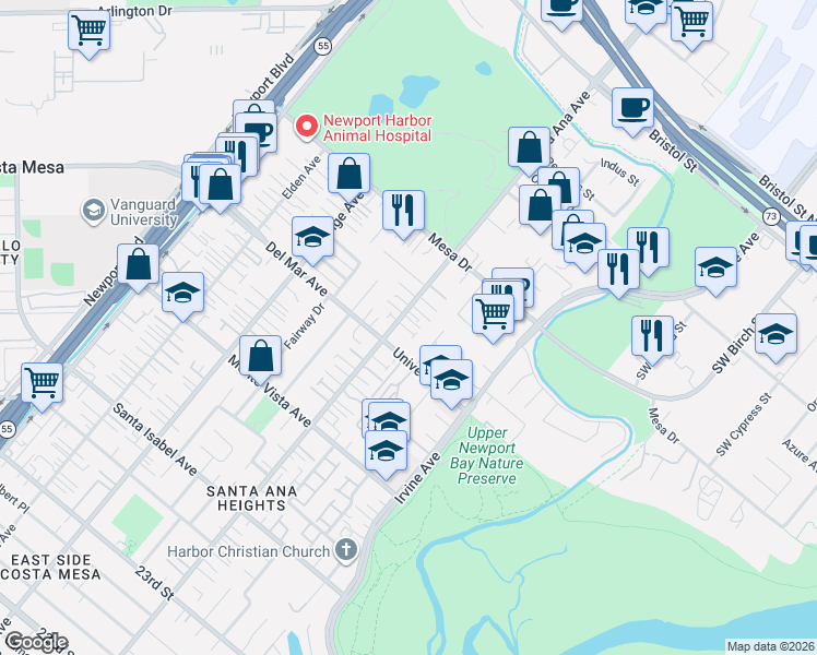 map of restaurants, bars, coffee shops, grocery stores, and more near 305 Canoe Pond in Costa Mesa
