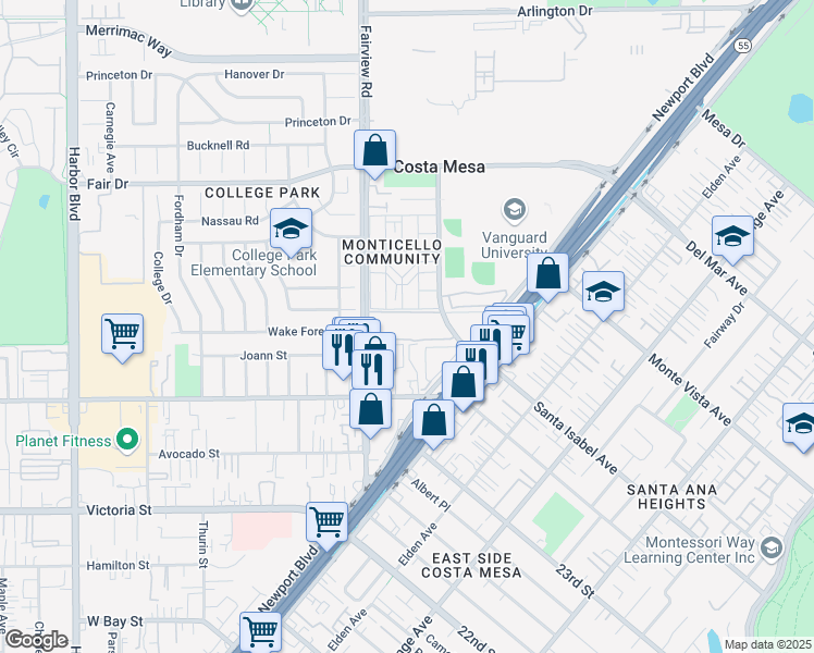 map of restaurants, bars, coffee shops, grocery stores, and more near 2300 Fairview Road in Costa Mesa