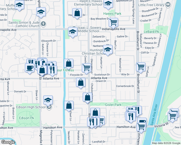 map of restaurants, bars, coffee shops, grocery stores, and more near 9541 Scotstoun Drive in Huntington Beach