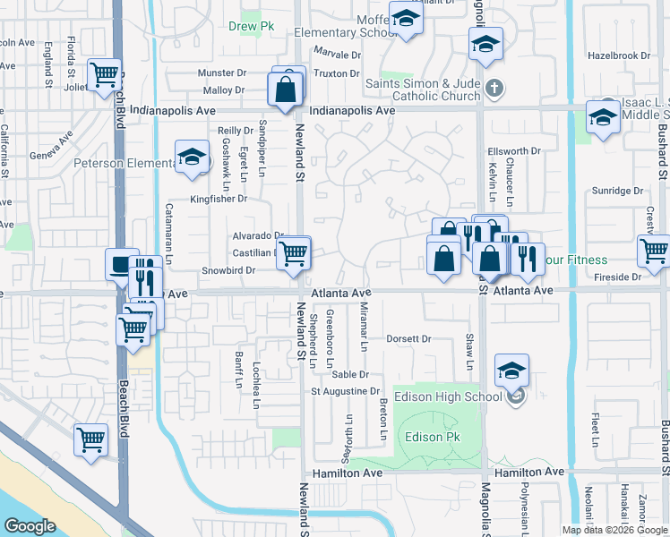 map of restaurants, bars, coffee shops, grocery stores, and more near 8566 Van Ness Court in Huntington Beach