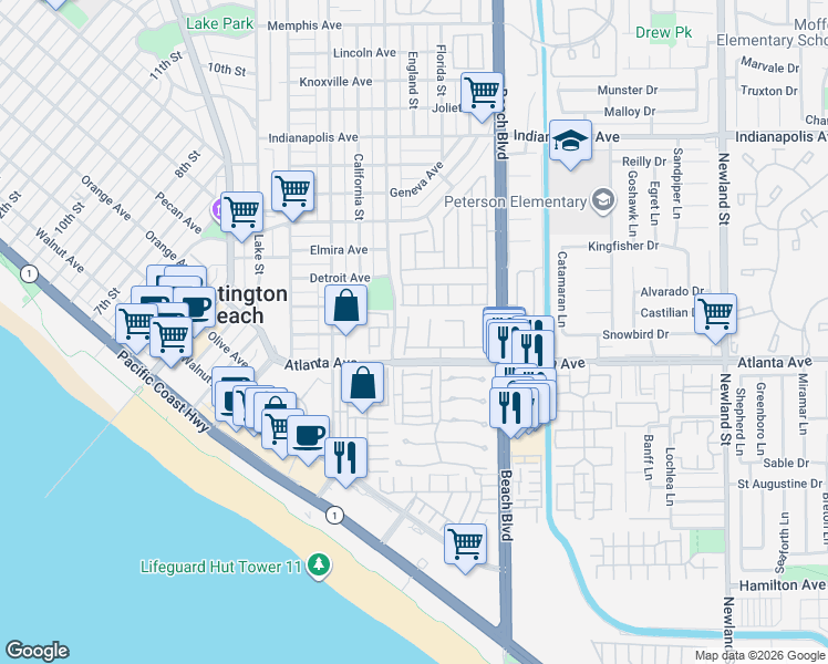 map of restaurants, bars, coffee shops, grocery stores, and more near 20935 Sailmaker Circle in Huntington Beach