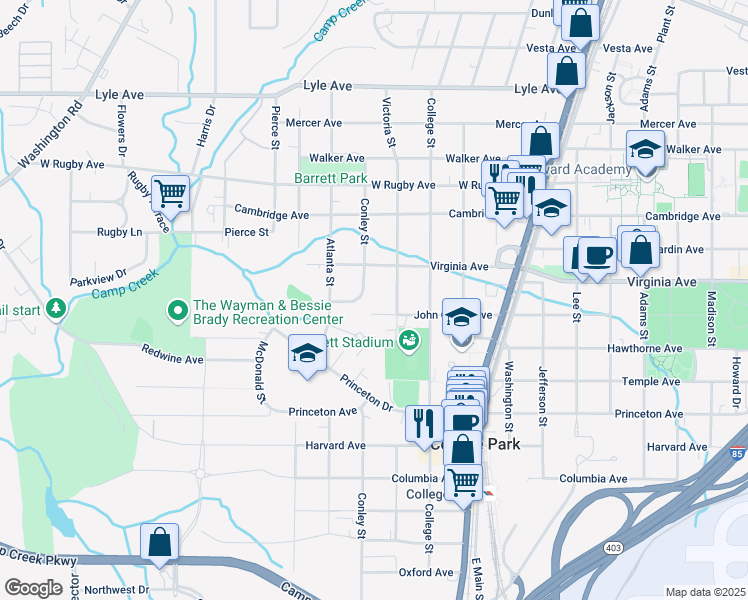 map of restaurants, bars, coffee shops, grocery stores, and more near 1967 John Calvin Avenue in College Park