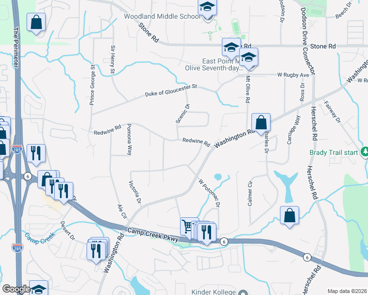 map of restaurants, bars, coffee shops, grocery stores, and more near 2870 Redwine Road in East Point