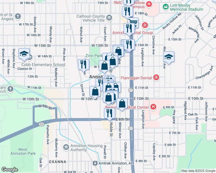 map of restaurants, bars, coffee shops, grocery stores, and more near 1102 Noble Street in Anniston