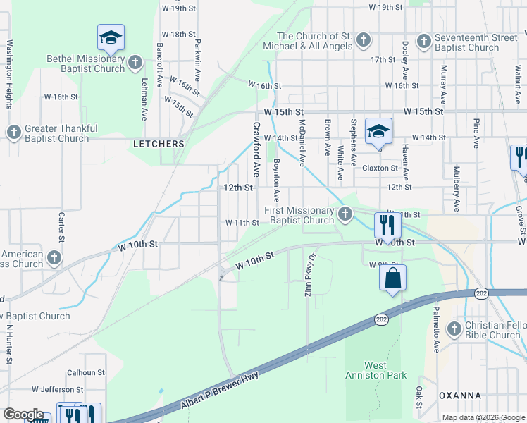 map of restaurants, bars, coffee shops, grocery stores, and more near 1107 Crawford Avenue in Anniston