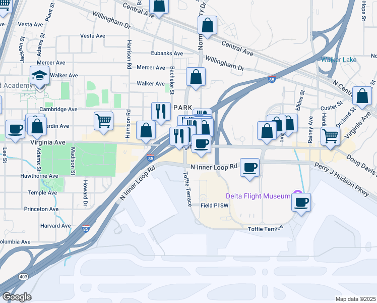 map of restaurants, bars, coffee shops, grocery stores, and more near 1230 Virginia Avenue in East Point